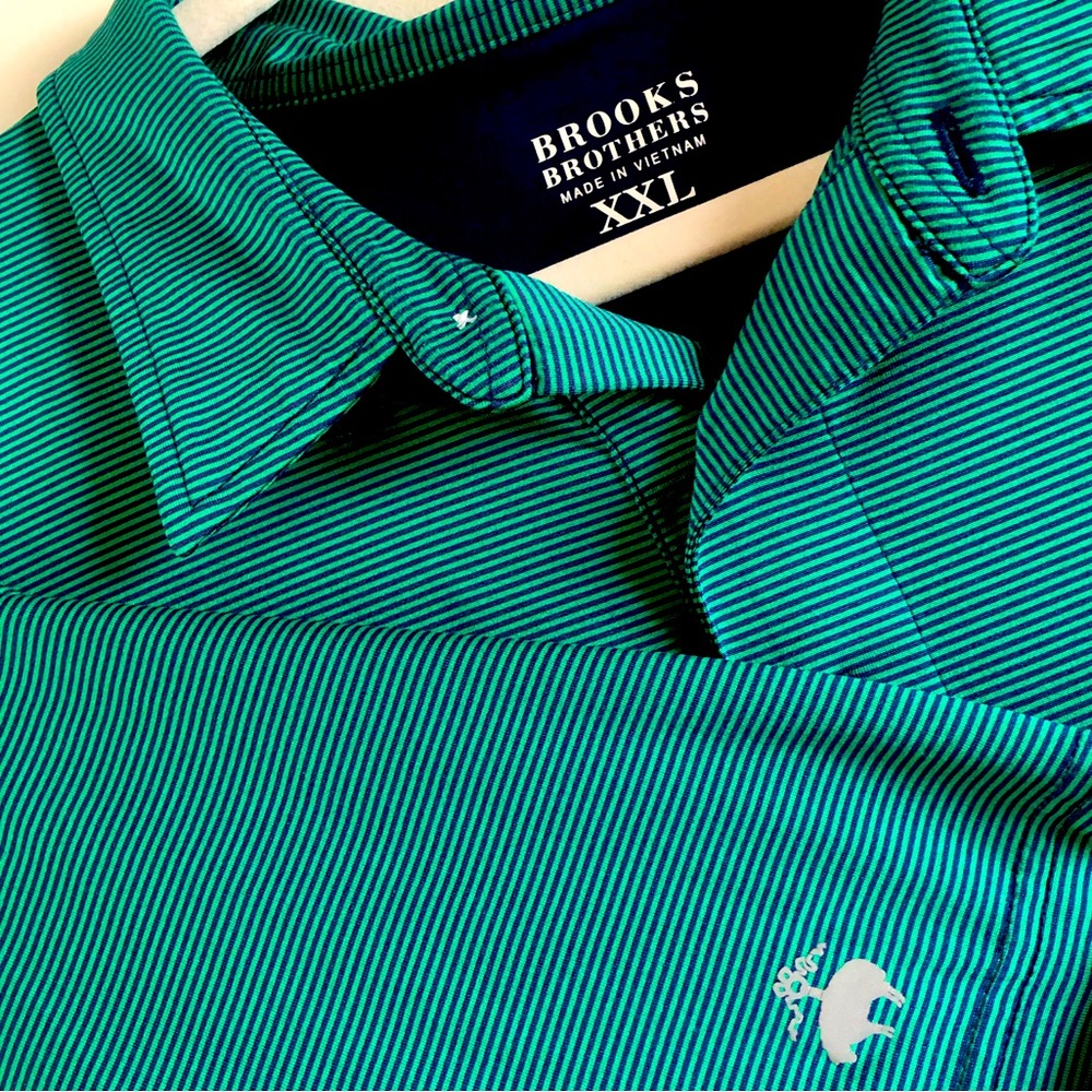 Brooks Brothers Performance Athletic Golf Polo Mens XXL Green Blue Stripe
